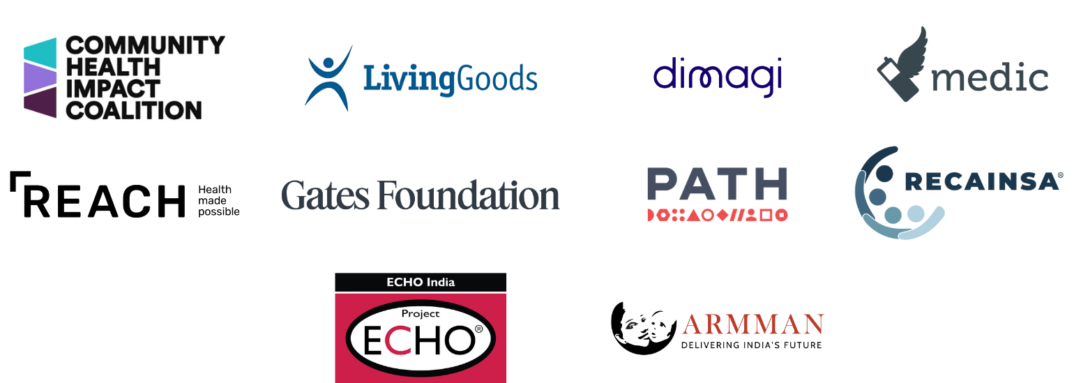 Logos of Digital Bridge partner organizations: CHIC, Living Goods, Dimagi, Medic, Reach, Gates Foundation, PATH, Recainsa, ECHO India, Armman